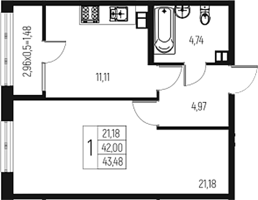 1-комн., 42 м², 4/7 этаж, ЖК «Атаманский Сад»
