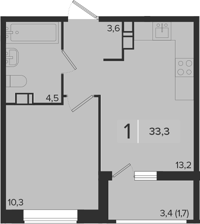 1-комн., 31.6 м², 4/18 этаж, ЖК «Эрмитаж»