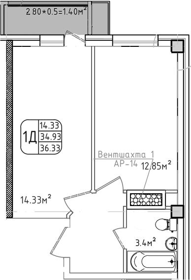 1-комн., 34.93 м², 7/8 этаж, ЖК «Моё»
