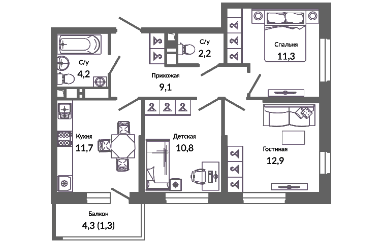 3-комн., 62.6 м², 1/24 этаж, ЖК «Улыбка»