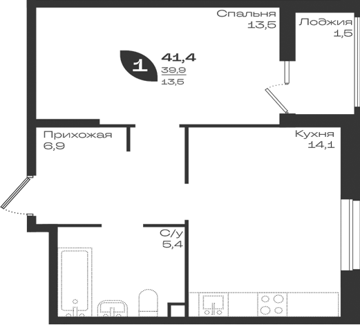 1-комн., 39.9 м², 2/9 этаж, ЖК «Ботаника»