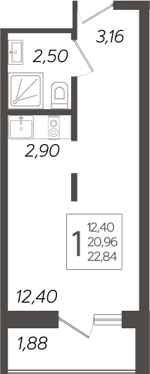 Студия, 20.96 м², 16/19 этаж, ЖК «Кислород»