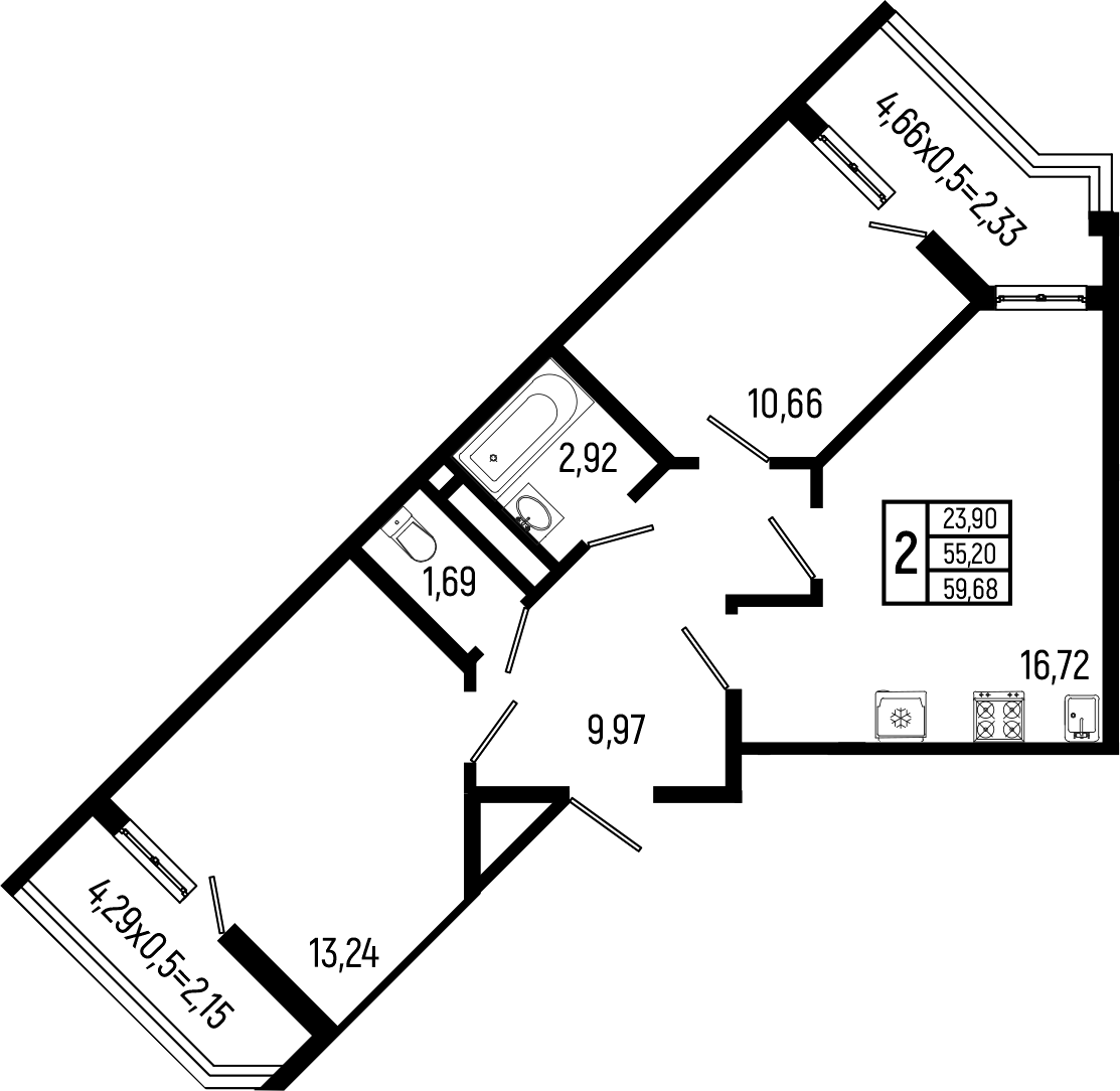 2-комн., 55.2 м², 7/9 этаж, ЖК «Ботаника Хиллс»