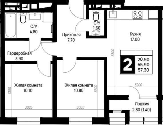 2-комн., 55.9 м², 3/9 этаж, ЖК «На высоком берегу»
