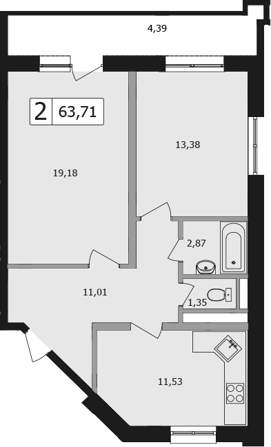 2-комн., 63.7 м², 15/16 этаж, ЖК «Жемчужина»