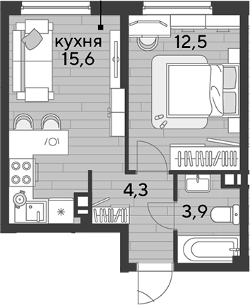 1-комн., 36.3 м², 6/16 этаж, ЖК «DОГМА ПАРК»