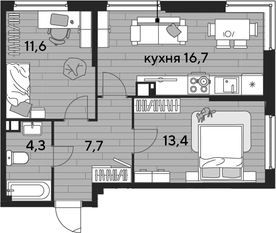 2-комн., 53.7 м², 5/16 этаж, ЖК «DОГМА ПАРК»