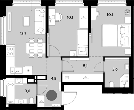 2-комн., 51 м², 15/16 этаж, ЖК «Грейд»