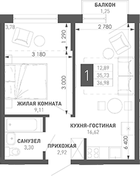 1-комн., 31.95 м², 3/18 этаж, ЖК «Иначе в Молодежном»