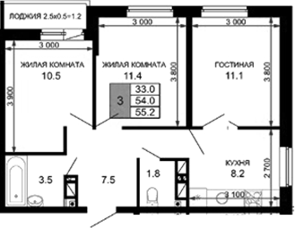 3-комн., 54 м², 11/16 этаж, ЖК «Дыхание»