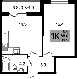 1-комн., 38 м², 2/16 этаж, ЖК «Сармат»