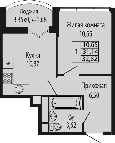 1-комн., 31.14 м², 5/12 этаж, ЖК «Sun Hills Ольгинка»