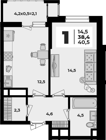 1-комн., 38.4 м², 1/8 этаж, ЖК «Родной дом 5»