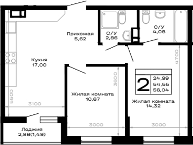 2-комн., 54.55 м², 11/16 этаж, ЖК «Горные высоты»