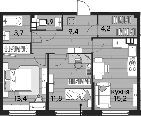 2-комн., 59.6 м², 8/16 этаж, ЖК «DОГМА ПАРК»