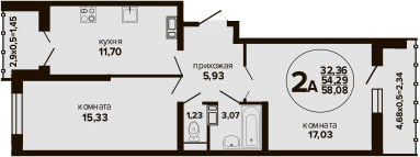 2-комн., 54.29 м², 19/24 этаж, ЖК «Гулливер»
