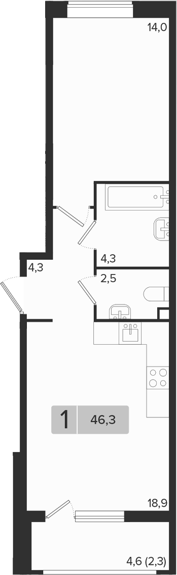 1-комн., 44 м², 2/9 этаж, ЖК «Эрмитаж»