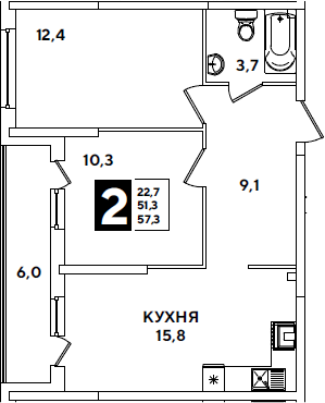 3-комн., 51.3 м², 2/16 этаж, ЖК «Самолет»