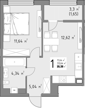 1-комн., 33.64 м², 12/15 этаж, ЖК «Коллекция»