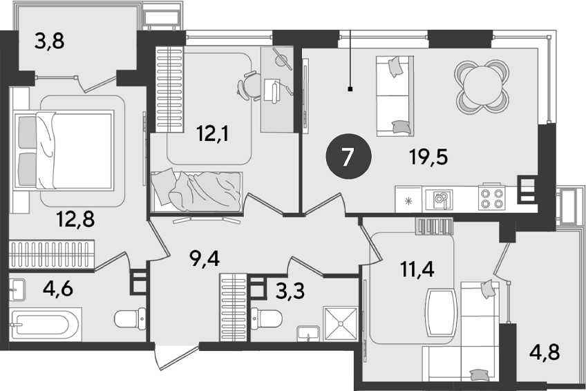 3-комн., 73.1 м², 8/9 этаж, ЖК «Парк Победы»