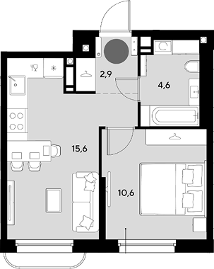 2-комн., 33.7 м², 6/16 этаж, ЖК «Грейд»