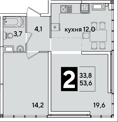 2-комн., 53.6 м², 16/16 этаж, ЖК «Самолет»