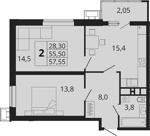 2-комн., 55.5 м², 6/18 этаж, ЖК «Родные Просторы»