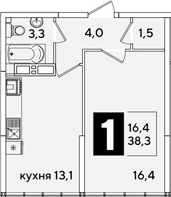 1-комн., 38.3 м², 16/16 этаж, ЖК «Самолет»