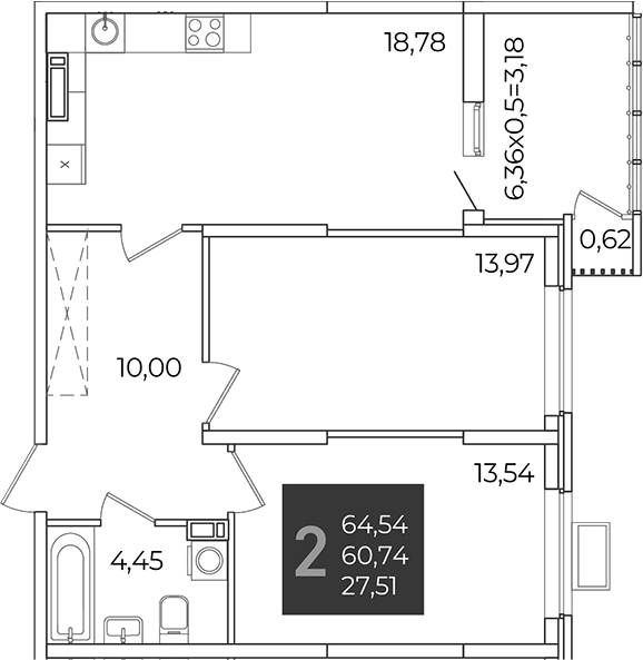 2-комн., 60.74 м², 17/21 этаж, ЖК «Образцово»