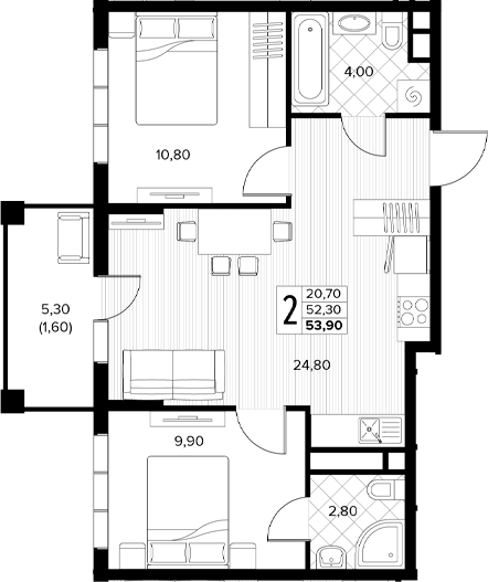 2-комн., 52.3 м², 5/6 этаж, ЖК «Кипарис»
