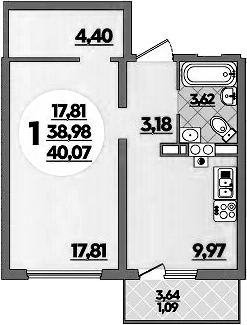1-комн., 38.98 м², 3/8 этаж, ЖК «Первый»