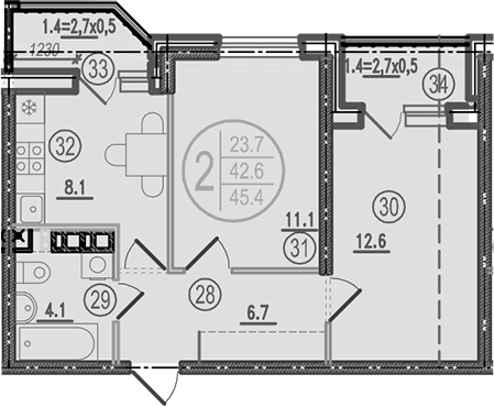 2-комн., 42.6 м², 6/9 этаж, ЖК «Спортивная деревня»