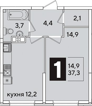 1-комн., 37.3 м², 7/16 этаж, ЖК «Самолет»
