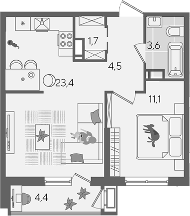 2-комн., 44.3 м², 16/24 этаж, ЖК «Рекорд»