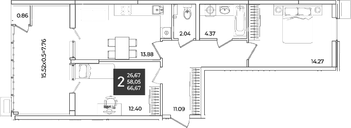 2-комн., 58.91 м², 2/18 этаж, ЖК «Образцово»