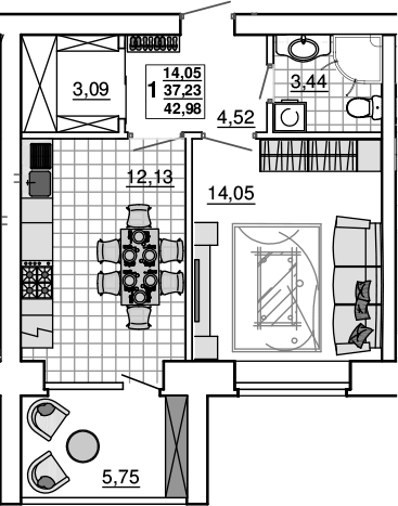 1-комн., 37.23 м², 5/5 этаж, ЖК «Новый Город. СЗ Премьерстрой»