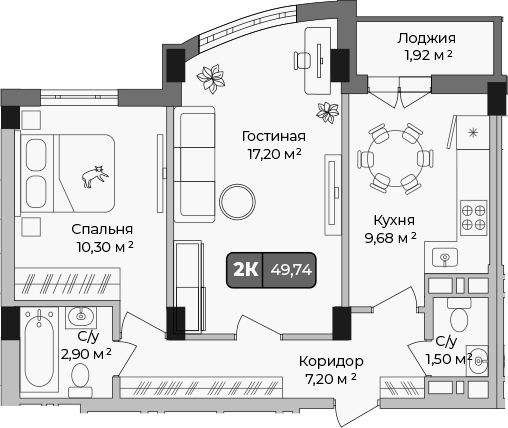 2-комн., 48.78 м², 8/9 этаж, ЖК «Опера»