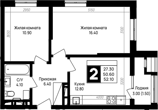 2-комн., 50.6 м², 8/12 этаж, ЖК «На высоком берегу»
