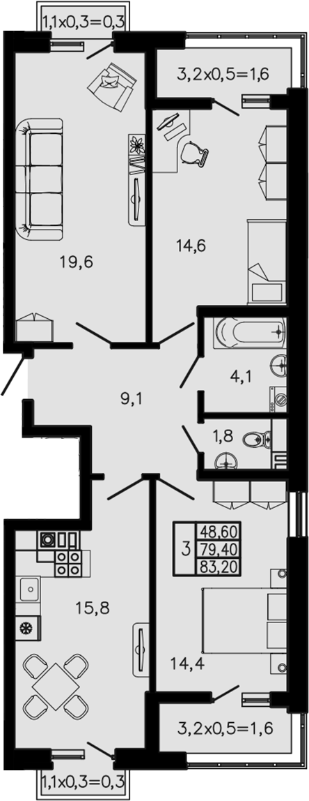 3-комн., 79.4 м², 2/4 этаж, ЖК «Экосфера»