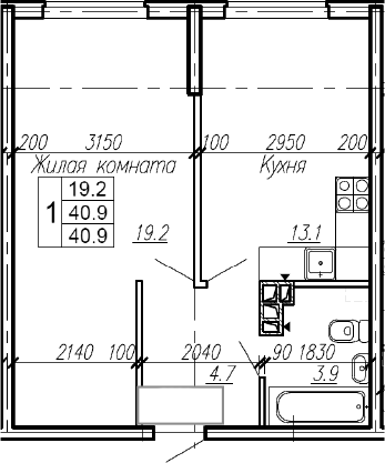 1-комн., 40.9 м², 2/4 этаж, ЖК «Эво»