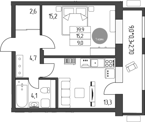 1-комн., 39.9 м², 1/5 этаж, ЖК «Лермонтов»