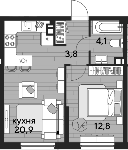 1-комн., 41.6 м², 5/16 этаж, ЖК «DОГМА ПАРК»
