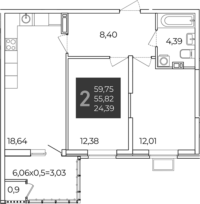2-комн., 55.82 м², 7/21 этаж, ЖК «Образцово»