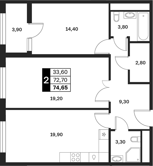 2-комн., 72.7 м², 7/9 этаж, ЖК «Аксис Патриот»