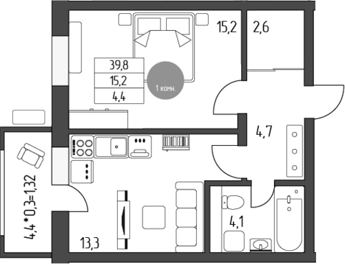 1-комн., 39.9 м², 1/5 этаж, ЖК «Лермонтов»