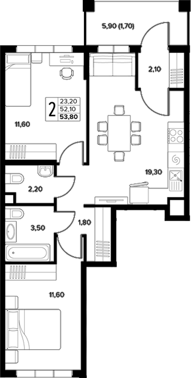 2-комн., 52.1 м², 1/8 этаж, ЖК «Кипарис»