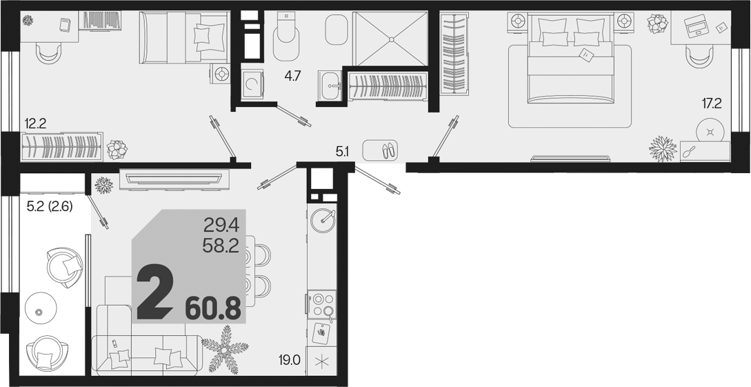 2-комн., 58.2 м², 8/18 этаж, ЖК «Первое место»