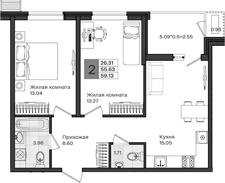 2-комн., 55.63 м², 2/8 этаж, ЖК «МОНО квартал»