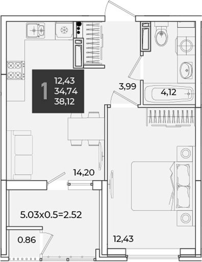 1-комн., 35.6 м², 11/18 этаж, ЖК «Образцово»