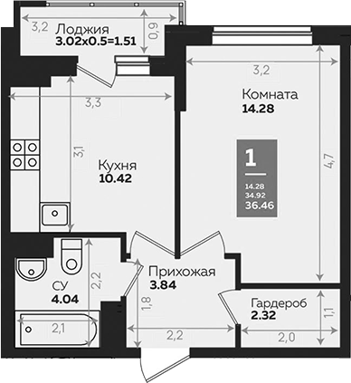 1-комн., 34.95 м², 3/24 этаж, ЖК «Левада»